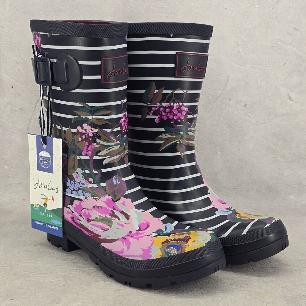 New Joules Rain Boots Mid Calf Molly Welly Navy Stripes Flowers Size US: 6 UK: 4 - Picture 2 of 15